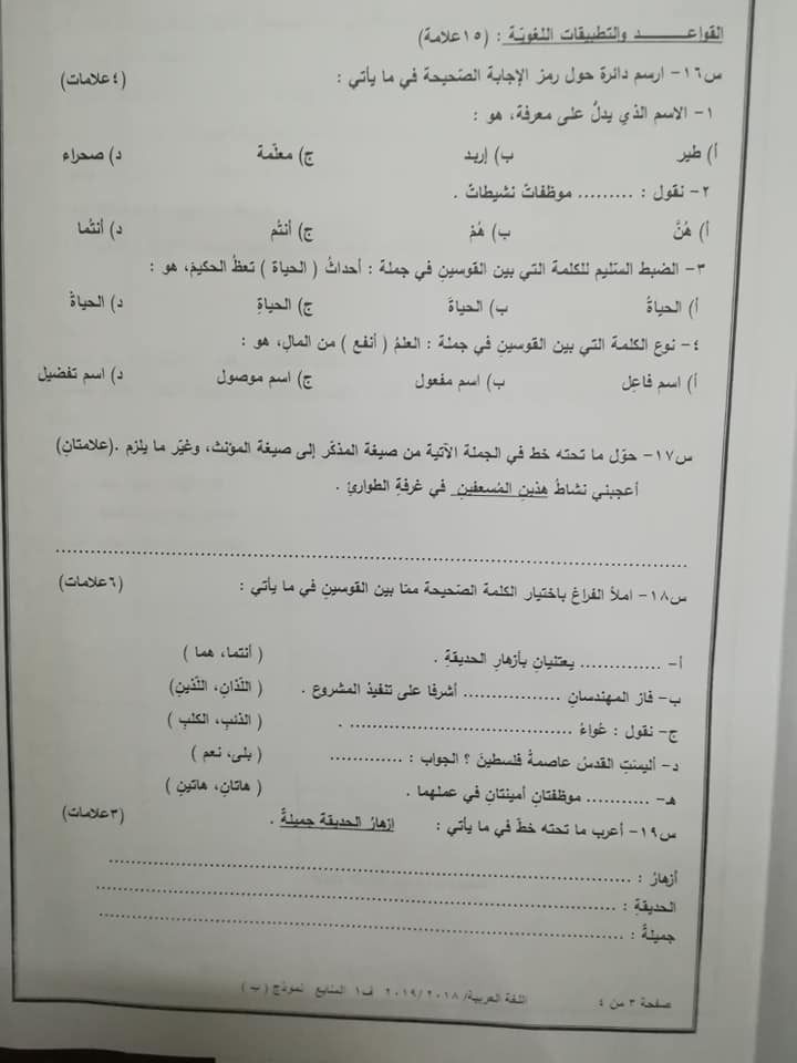 NDQ4NjAwMQ40407 نموذج B وكالة اختبار اللغة العربية النهائي للصف السابع الفصل الاول 2018